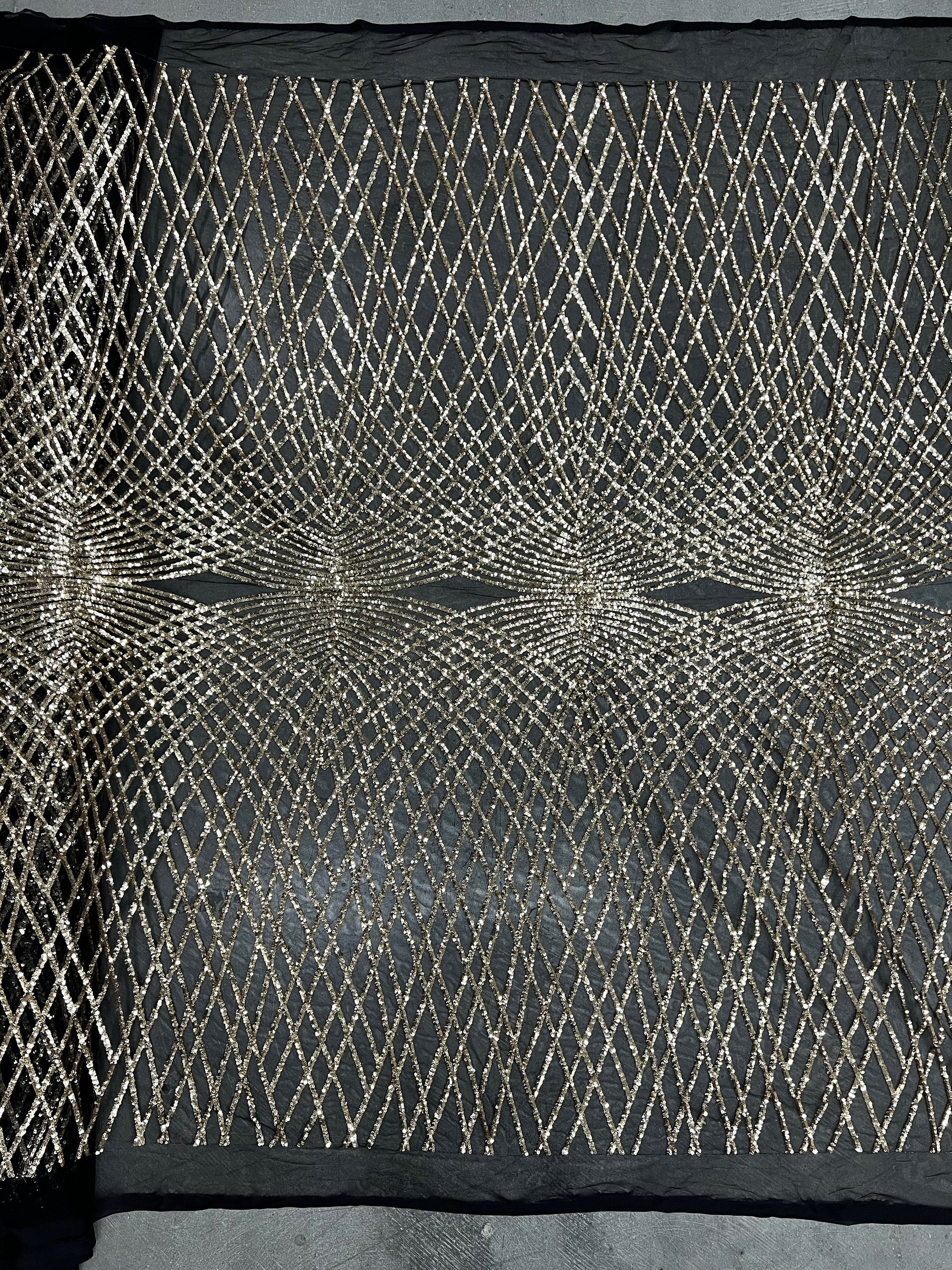 Jordyn GOLD Diamond Sequins on BLACK Mesh Lace Fabric by the Yard - 10008