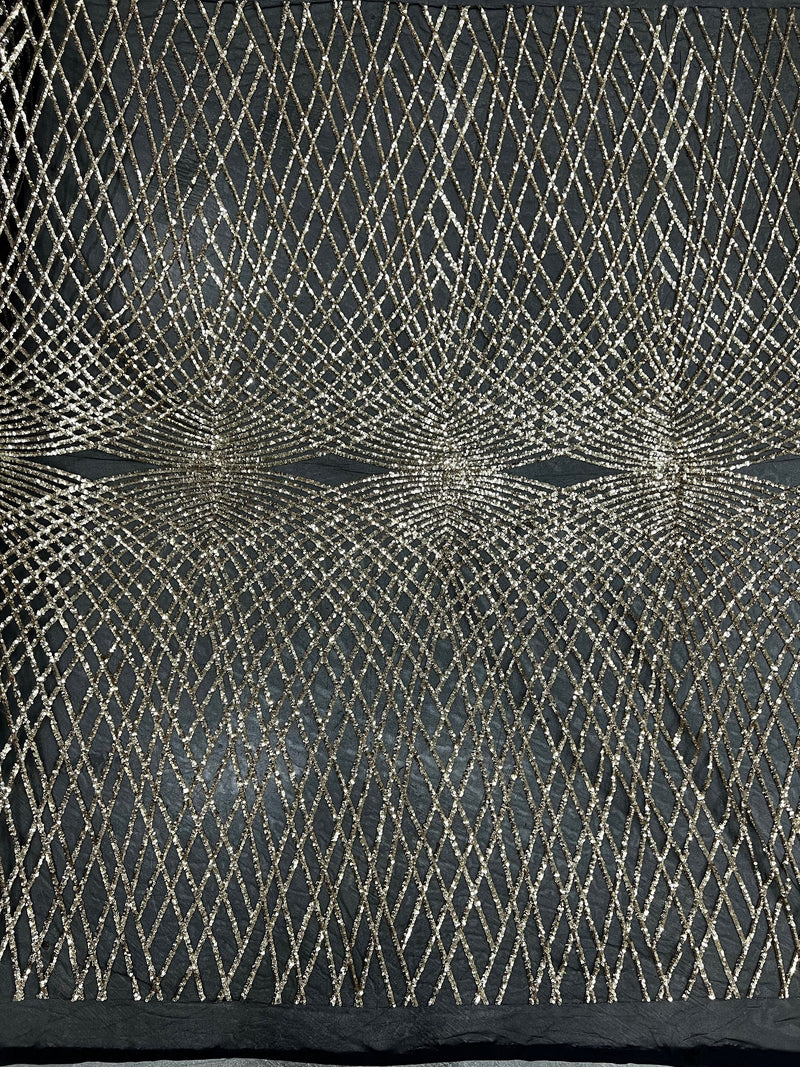Jordyn GOLD Diamond Sequins on BLACK Mesh Lace Fabric by the Yard - 10008