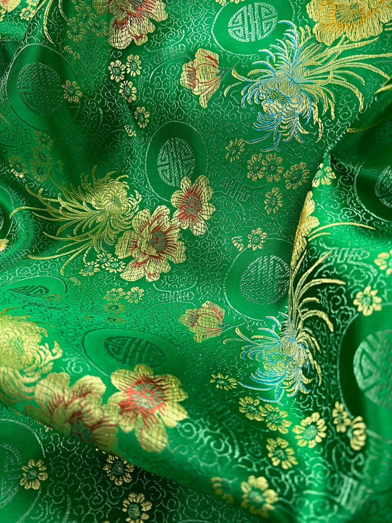Kate GREEN Floral Brocade Chinese Satin Fabric by the Yard - 10037