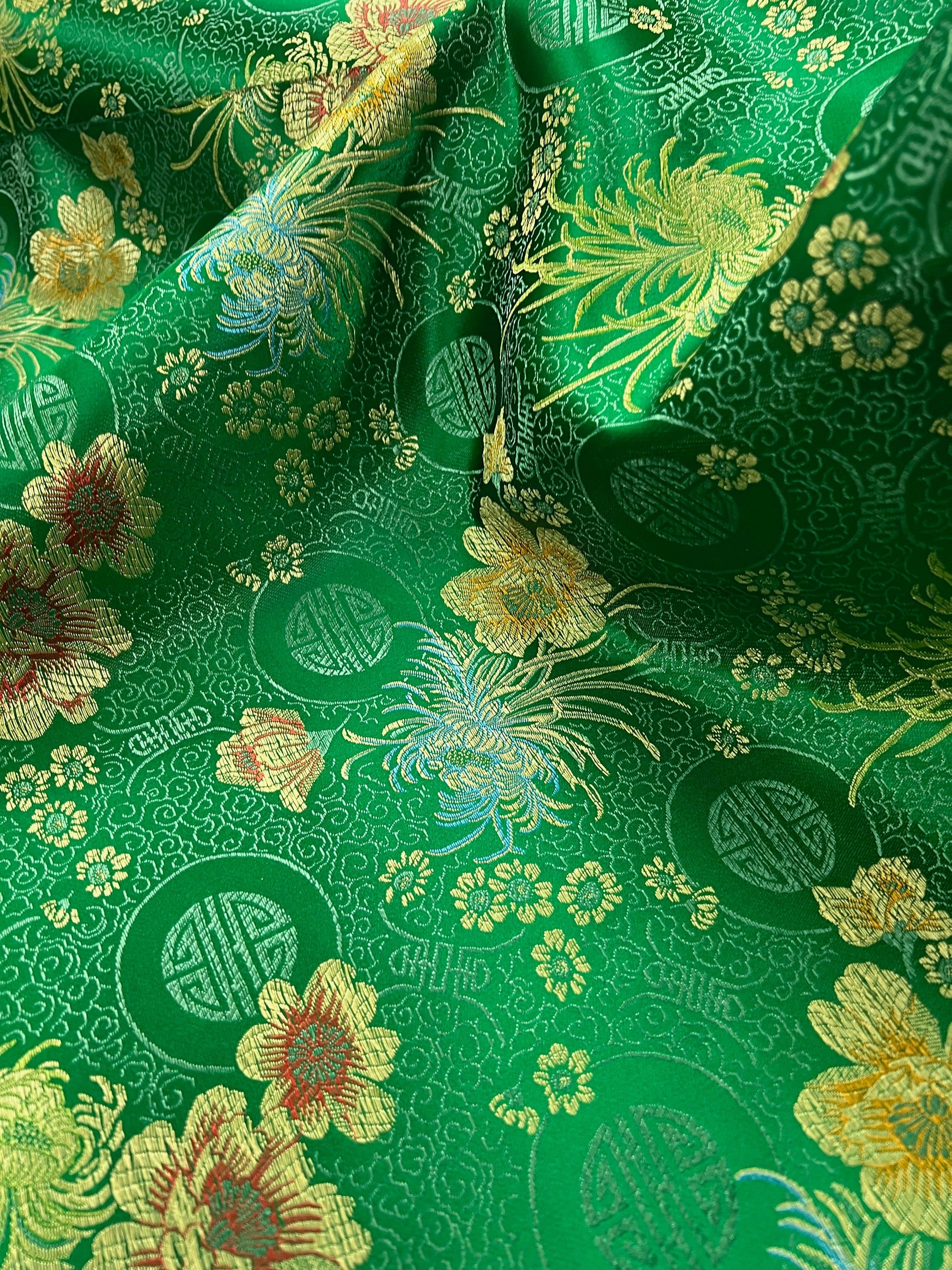 Kate GREEN Floral Brocade Chinese Satin Fabric by the Yard - 10037