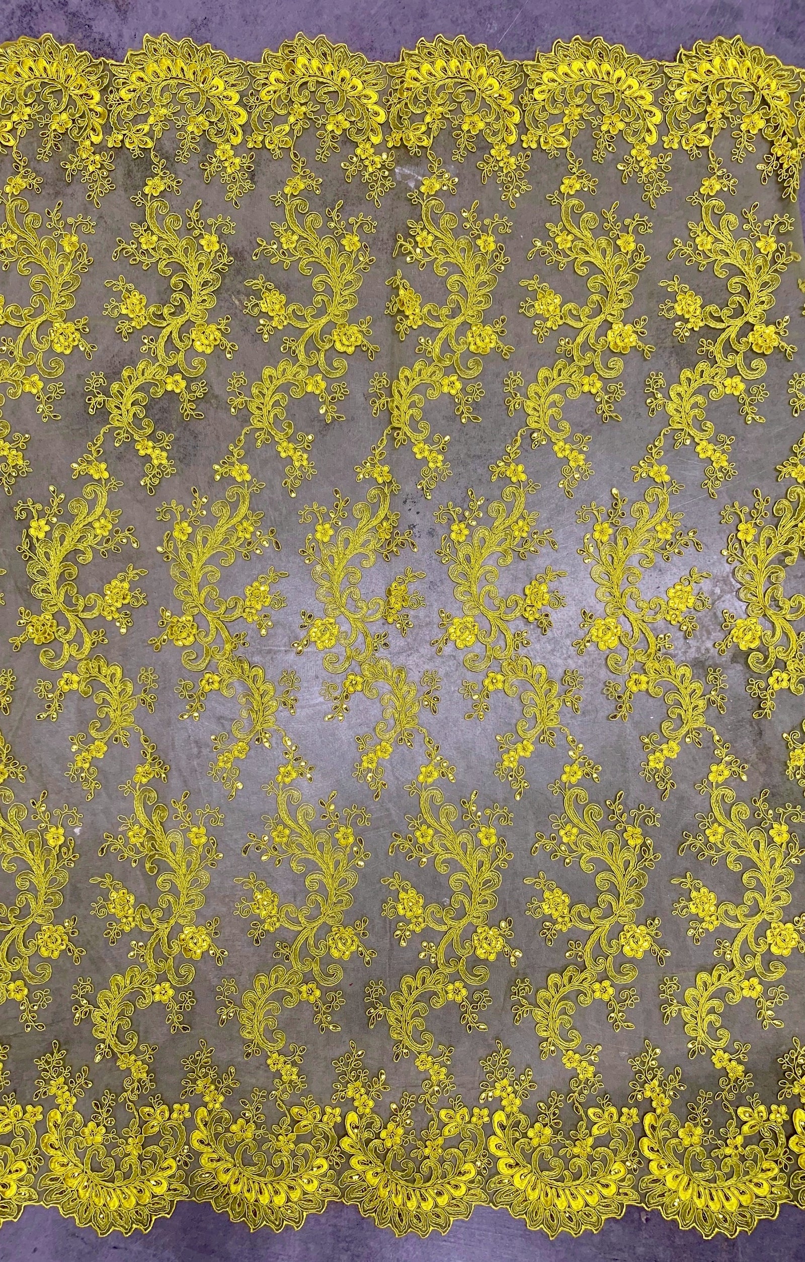 Melody YELLOW Polyester Floral Embroidery with Sequins on Mesh Lace Fabric by the Yard for Gown, Wedding, Bridesmaid, Prom - 10002