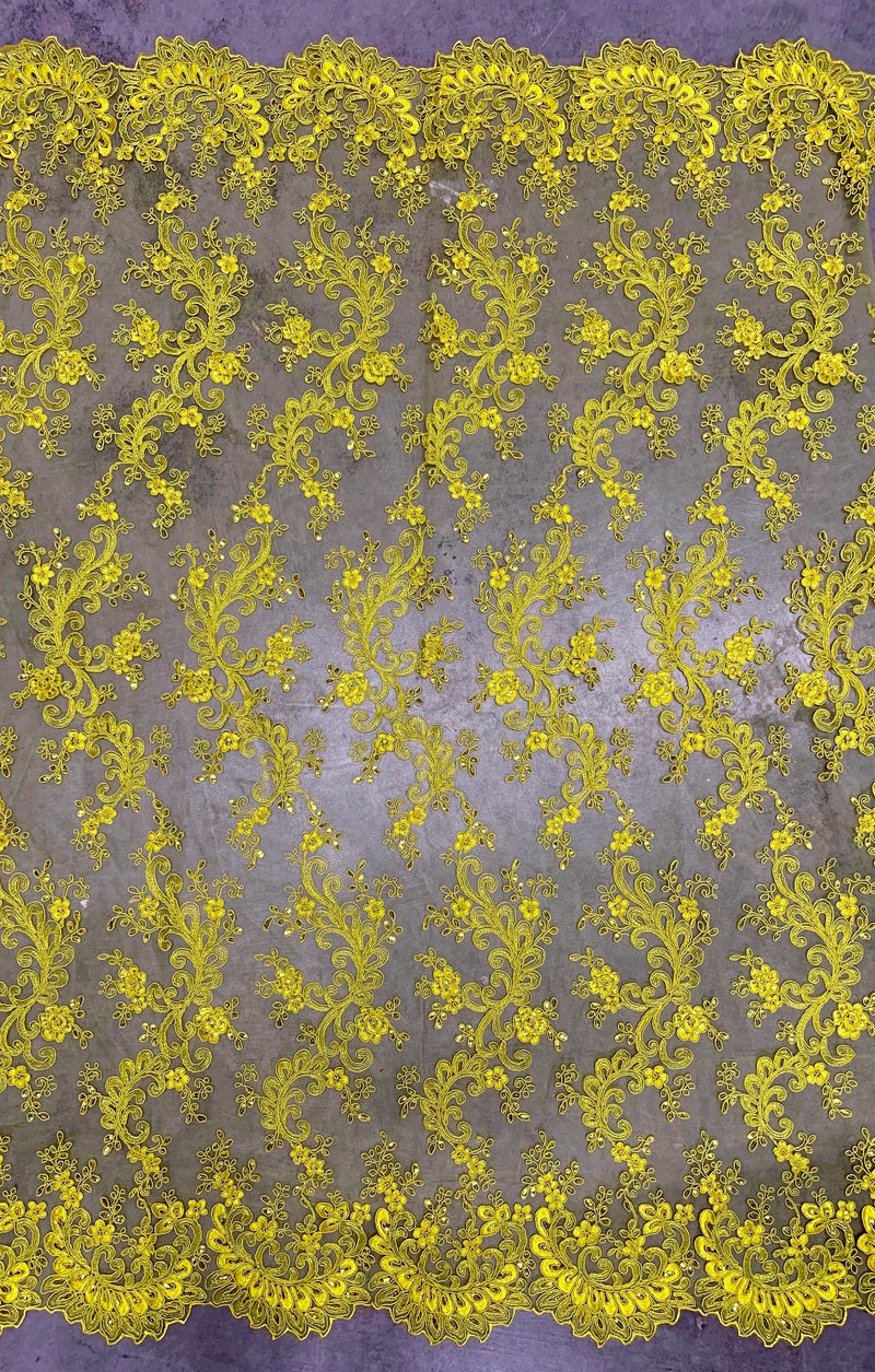 Melody YELLOW Polyester Floral Embroidery with Sequins on Mesh Lace Fabric by the Yard for Gown, Wedding, Bridesmaid, Prom - 10002