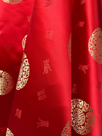 Charley RED GOLD Chinese Luck Brocade Chinese Satin Fabric by the Yard - 10152