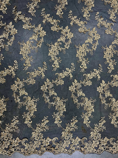Cristina GOLD Polyester Floral Embroidery with Sequins on BLACK Mesh Lace Fabric by the Yard for Gown, Wedding, Bridesmaid, Prom - 10076