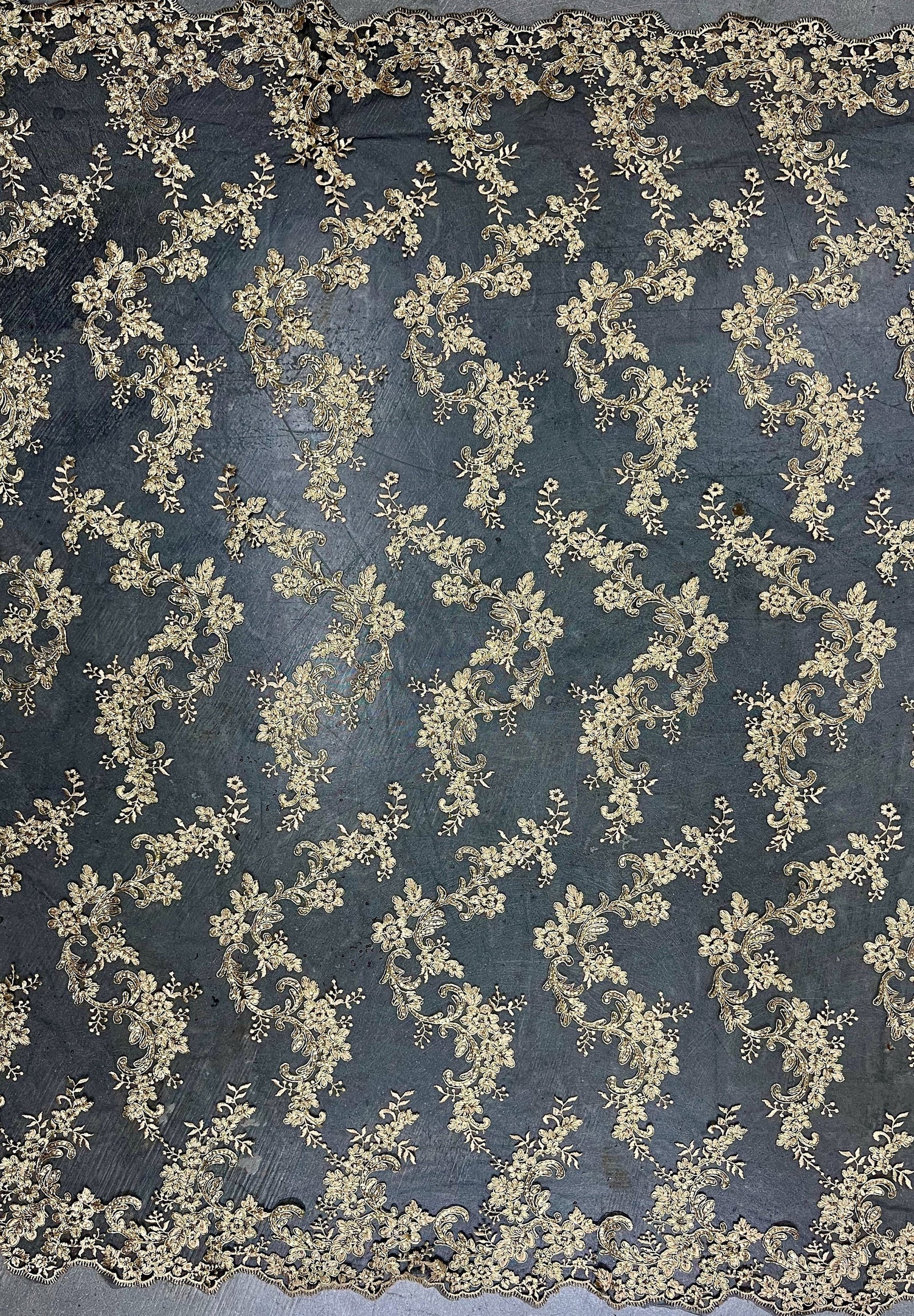 Cristina GOLD Polyester Floral Embroidery with Sequins on BLACK Mesh Lace Fabric by the Yard for Gown, Wedding, Bridesmaid, Prom - 10076