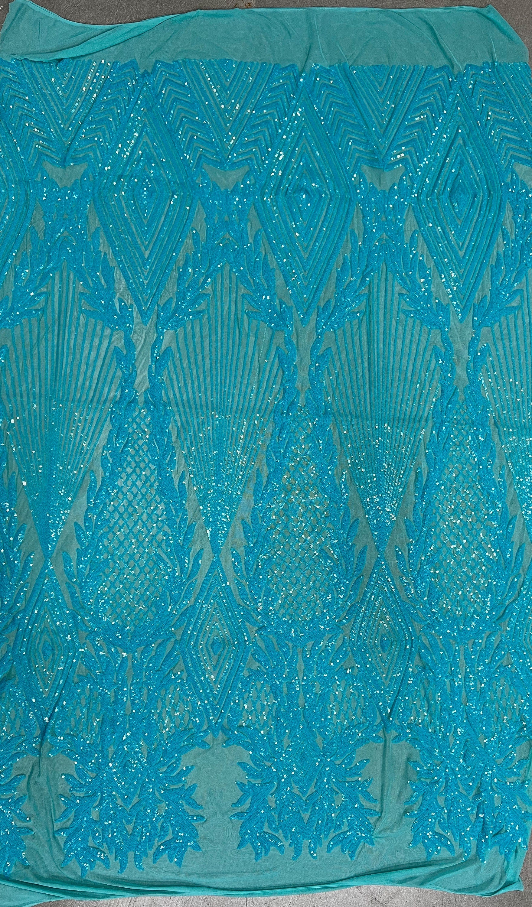 Francesca AQUA Vines and Diamonds Pattern Sequins on Mesh Lace Fabric by the Yard - 10130