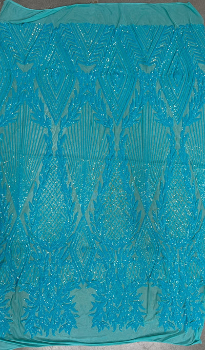 Francesca AQUA Vines and Diamonds Pattern Sequins on Mesh Lace Fabric by the Yard - 10130