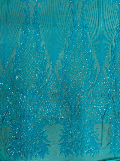 Francesca AQUA Vines and Diamonds Pattern Sequins on Mesh Lace Fabric by the Yard - 10130