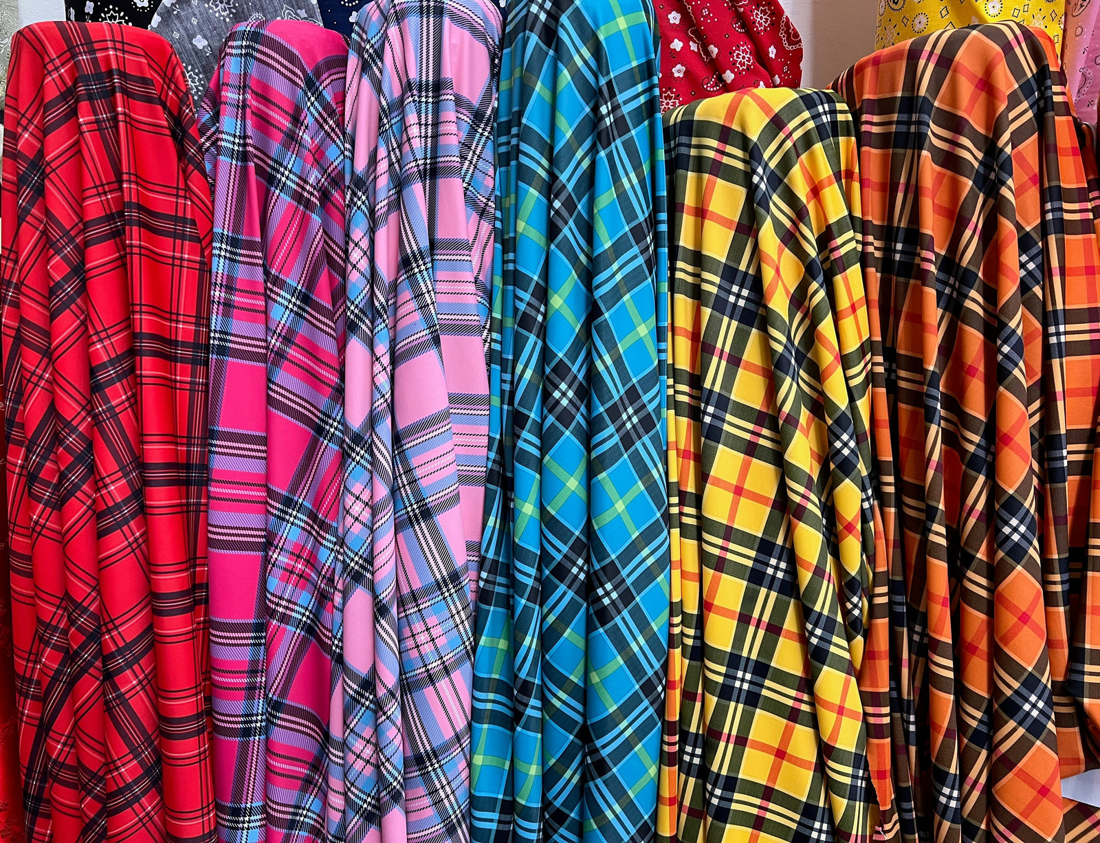 Clementine Plaid Printed Polyester Spandex 4-way Stretch Medium Weight Fabric for Apparel, Swimwear, Activewear, Costumes, Crafts