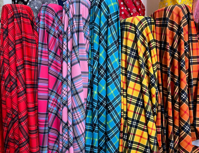 Clementine Plaid Printed Polyester Spandex 4-way Stretch Medium Weight Fabric for Apparel, Swimwear, Activewear, Costumes, Crafts