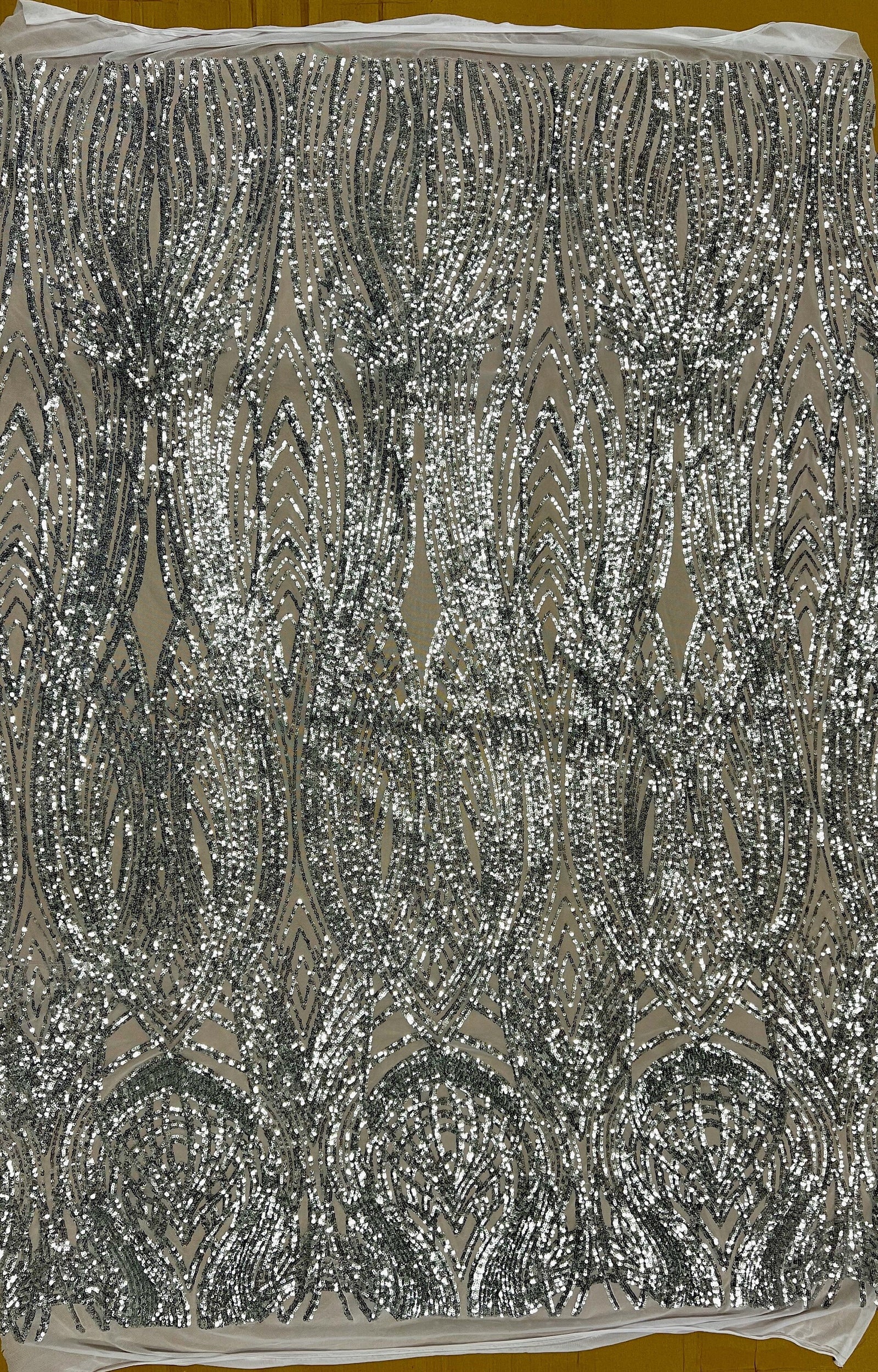 Athena SILVER Sequins on WHITE Mesh Lace Fabric by the Yard