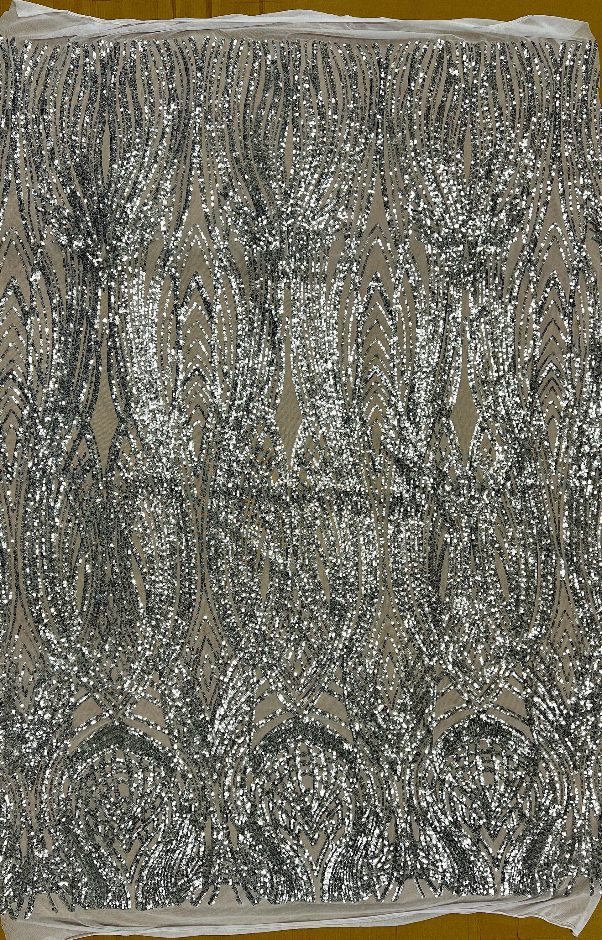 Athena SILVER Sequins on WHITE Mesh Lace Fabric by the Yard