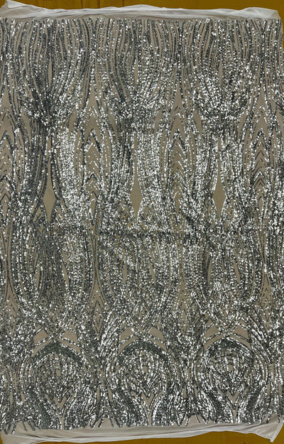 Athena SILVER Sequins on WHITE Mesh Lace Fabric by the Yard