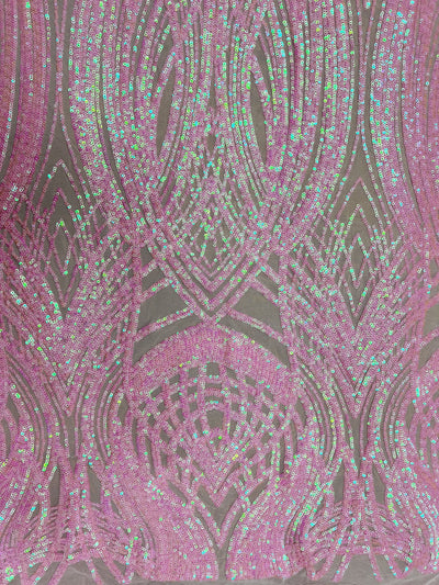 Athena Iridescent PINK Sequins on PINK Mesh Lace Fabric by the Yard