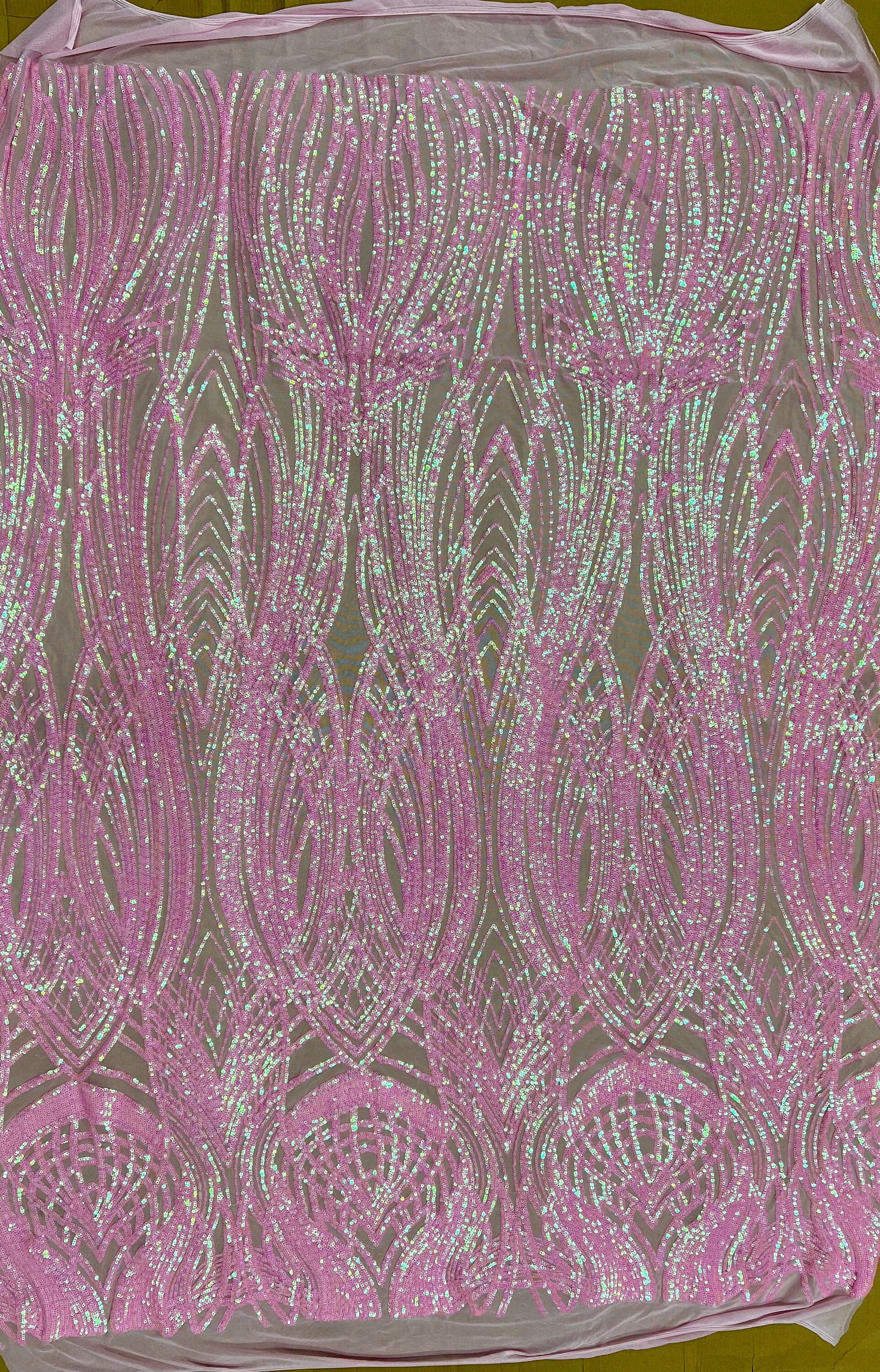 Athena Iridescent PINK Sequins on PINK Mesh Lace Fabric by the Yard