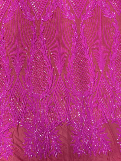 Francesca FUCHSIA Vines and Diamonds Pattern Sequins on Mesh Lace Fabric by the Yard - 10130