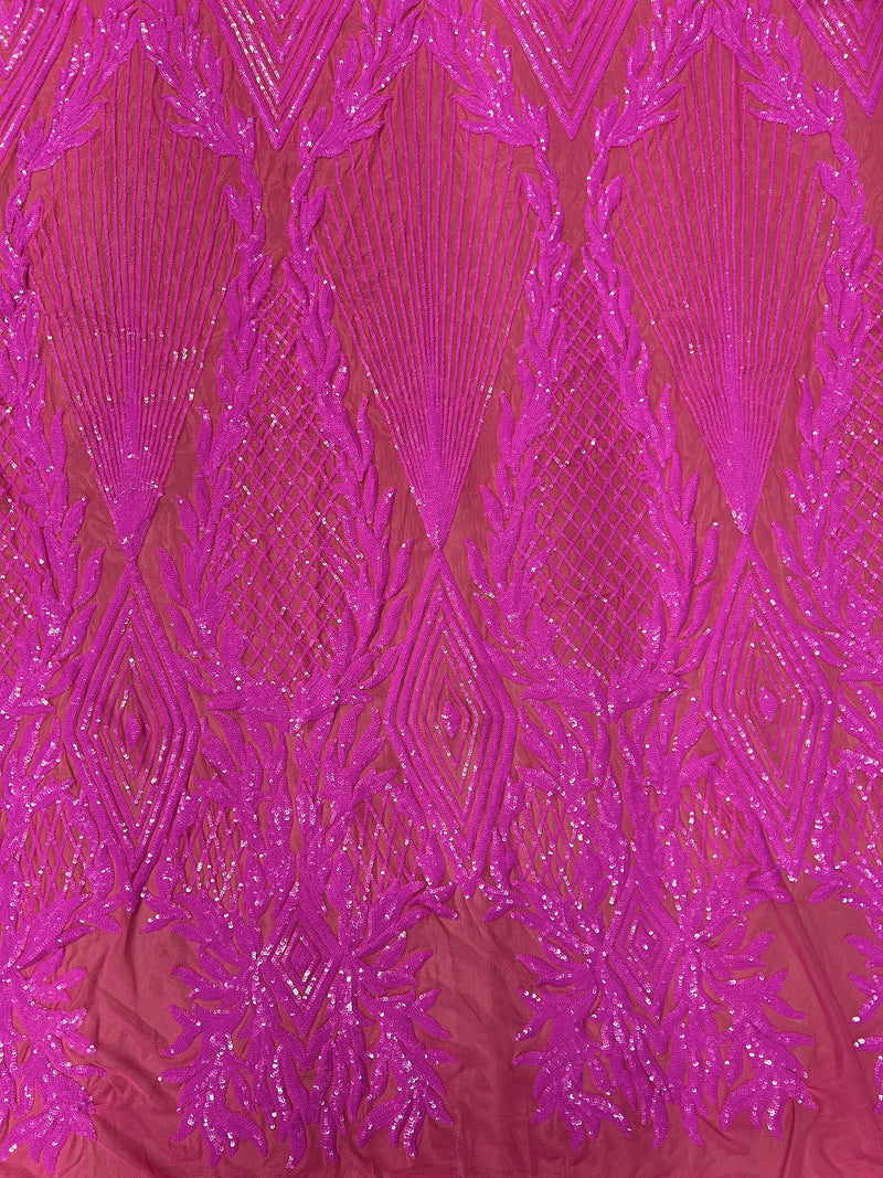 Francesca FUCHSIA Vines and Diamonds Pattern Sequins on Mesh Lace Fabric by the Yard - 10130