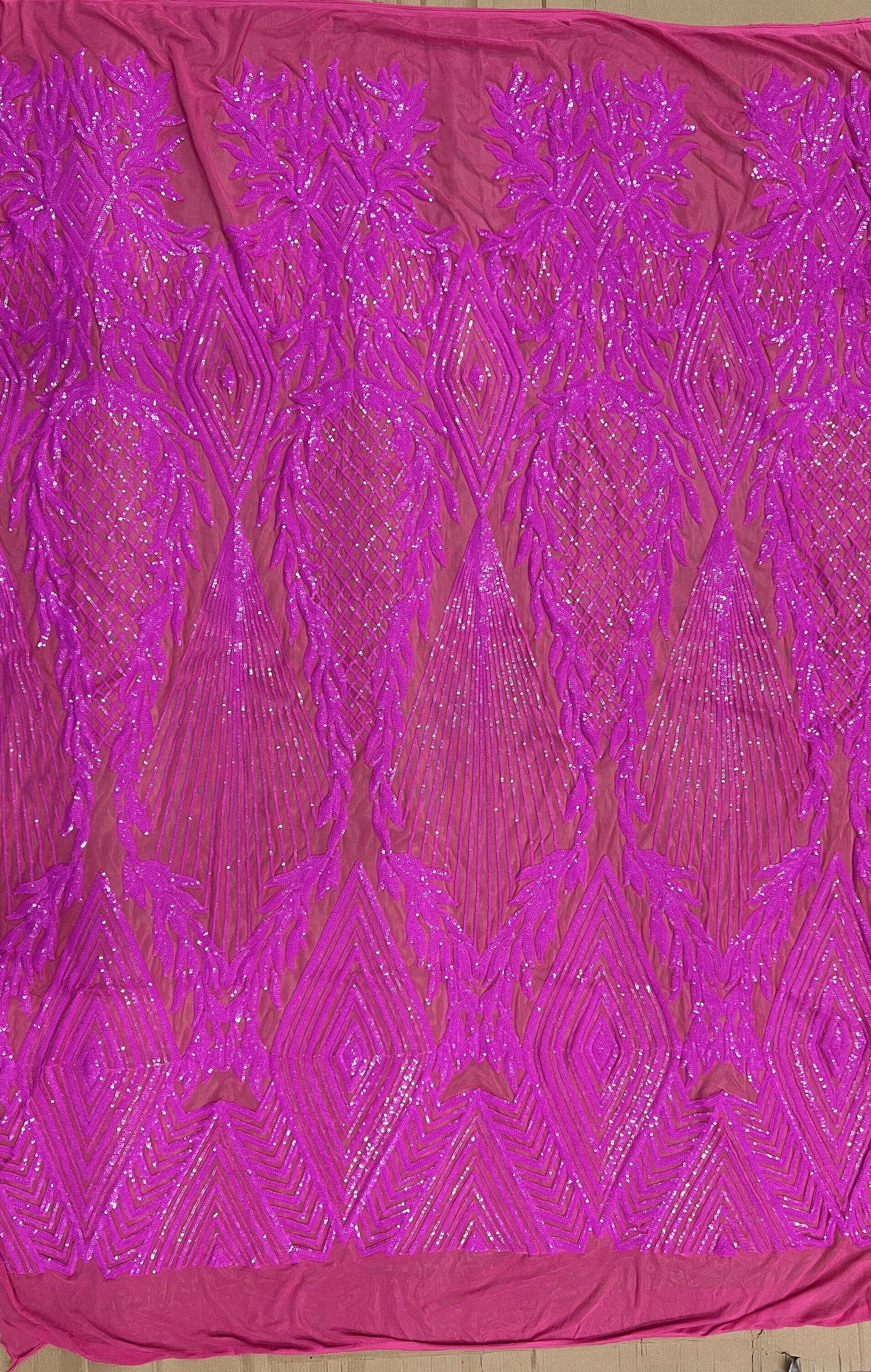 Francesca FUCHSIA Vines and Diamonds Pattern Sequins on Mesh Lace Fabric by the Yard - 10130
