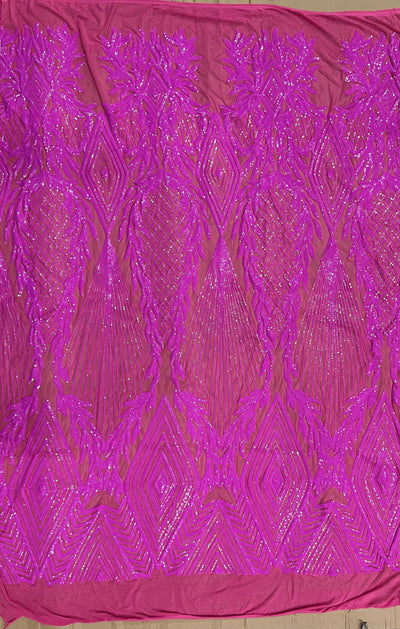 Francesca FUCHSIA Vines and Diamonds Pattern Sequins on Mesh Lace Fabric by the Yard - 10130