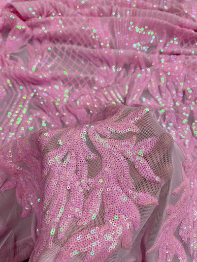 Francesca IRIDESCENT PINK Vines and Diamonds Pattern Sequins on Mesh Lace Fabric by the Yard - 10130