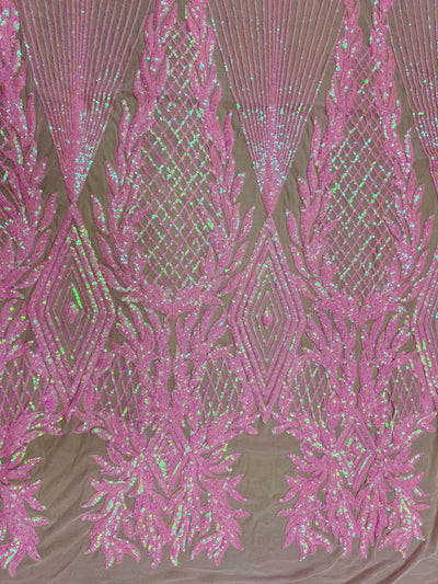 Francesca IRIDESCENT PINK Vines and Diamonds Pattern Sequins on Mesh Lace Fabric by the Yard - 10130