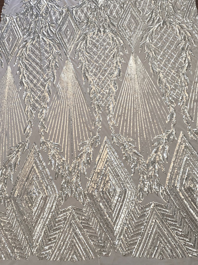 Francesca SILVER Vines and Diamonds Pattern Sequins on WHITE Mesh Lace Fabric by the Yard - 10130