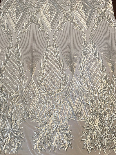 Francesca SILVER Vines and Diamonds Pattern Sequins on WHITE Mesh Lace Fabric by the Yard - 10130
