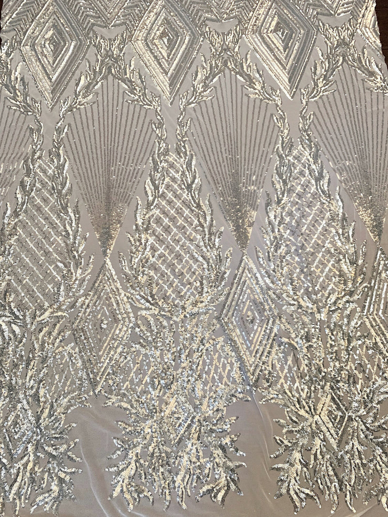 Francesca SILVER Vines and Diamonds Pattern Sequins on WHITE Mesh Lace Fabric by the Yard - 10130