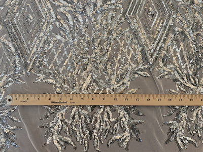 Francesca SILVER Vines and Diamonds Pattern Sequins on WHITE Mesh Lace Fabric by the Yard - 10130
