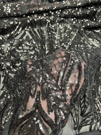 Isabella BLACK Curlicue & Leaves Sequins on Mesh Lace Fabric by the Yard