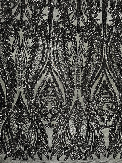 Isabella BLACK Curlicue & Leaves Sequins on Mesh Lace Fabric by the Yard