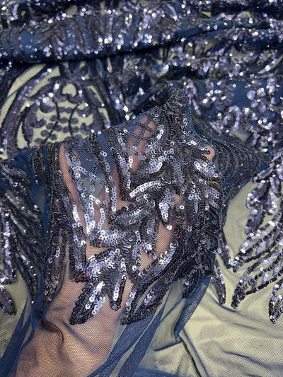 Isabella NAVY BLUE Curlicue & Leaves Sequins on Mesh Lace Fabric by the Yard