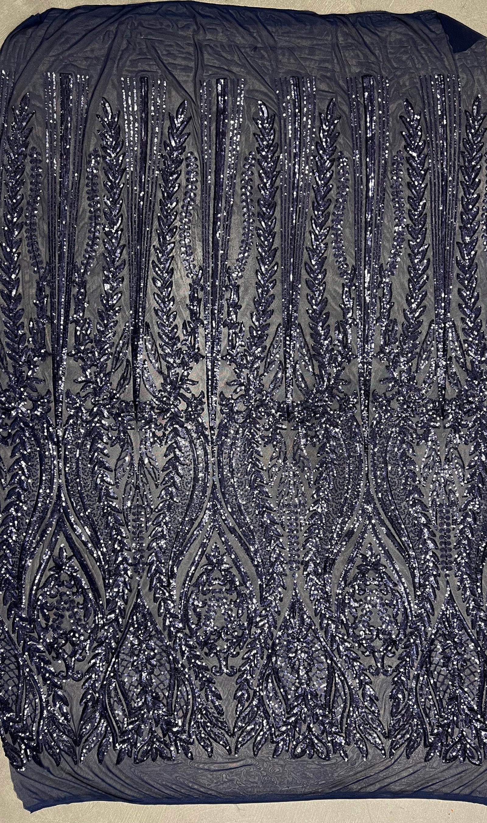 Isabella NAVY BLUE Curlicue & Leaves Sequins on Mesh Lace Fabric by the Yard