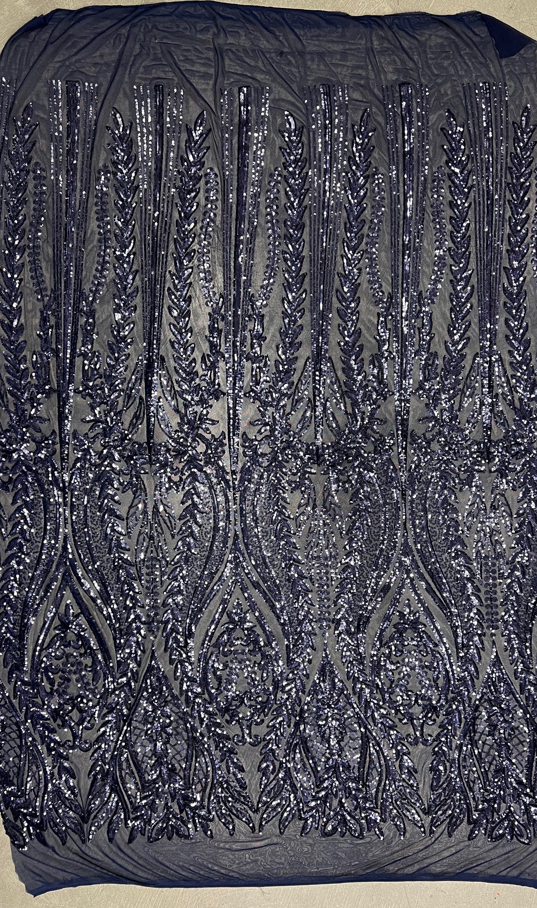 Isabella NAVY BLUE Curlicue & Leaves Sequins on Mesh Lace Fabric by the Yard