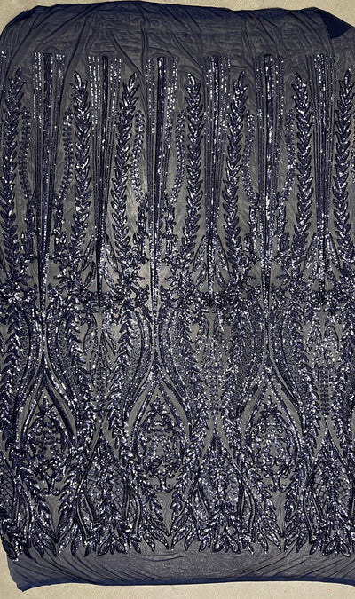 Isabella NAVY BLUE Curlicue & Leaves Sequins on Mesh Lace Fabric by the Yard
