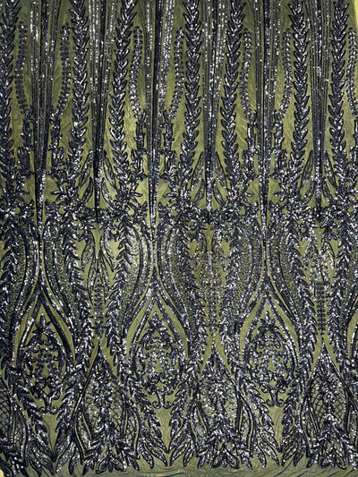 Isabella NAVY BLUE Curlicue & Leaves Sequins on Mesh Lace Fabric by the Yard