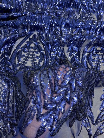 Isabella DARK ROYAL BLUE Curlicue & Leaves Sequins on Mesh Lace Fabric by the Yard