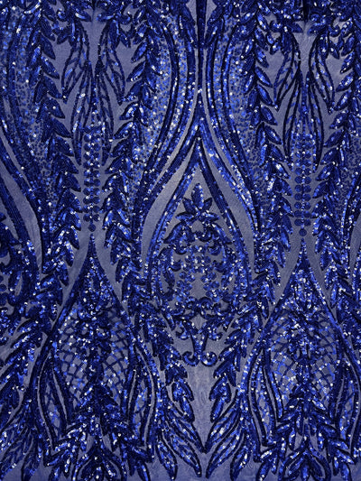 Isabella DARK ROYAL BLUE Curlicue & Leaves Sequins on Mesh Lace Fabric by the Yard