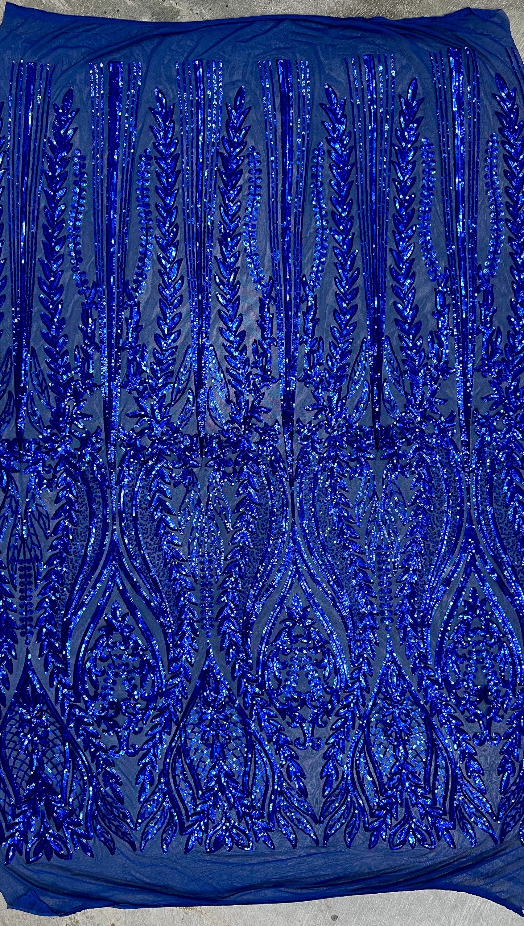 Isabella ROYAL BLUE Curlicue & Leaves Sequins on Mesh Lace Fabric by the Yard