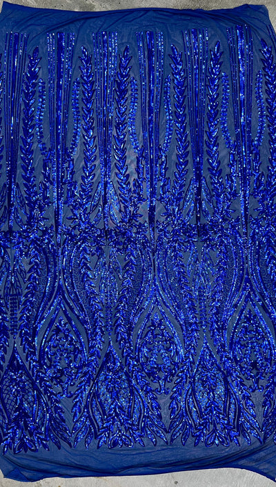 Isabella ROYAL BLUE Curlicue & Leaves Sequins on Mesh Lace Fabric by the Yard
