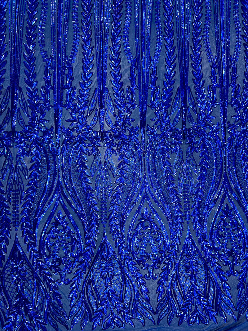 Isabella ROYAL BLUE Curlicue & Leaves Sequins on Mesh Lace Fabric by the Yard