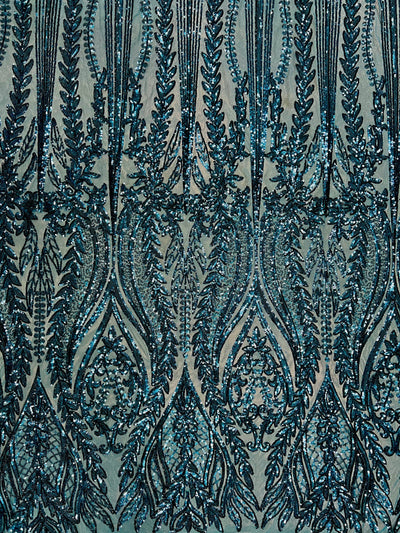 Isabella DARK TURQUOISE Curlicue & Leaves Sequins on Mesh Lace Fabric by the Yard