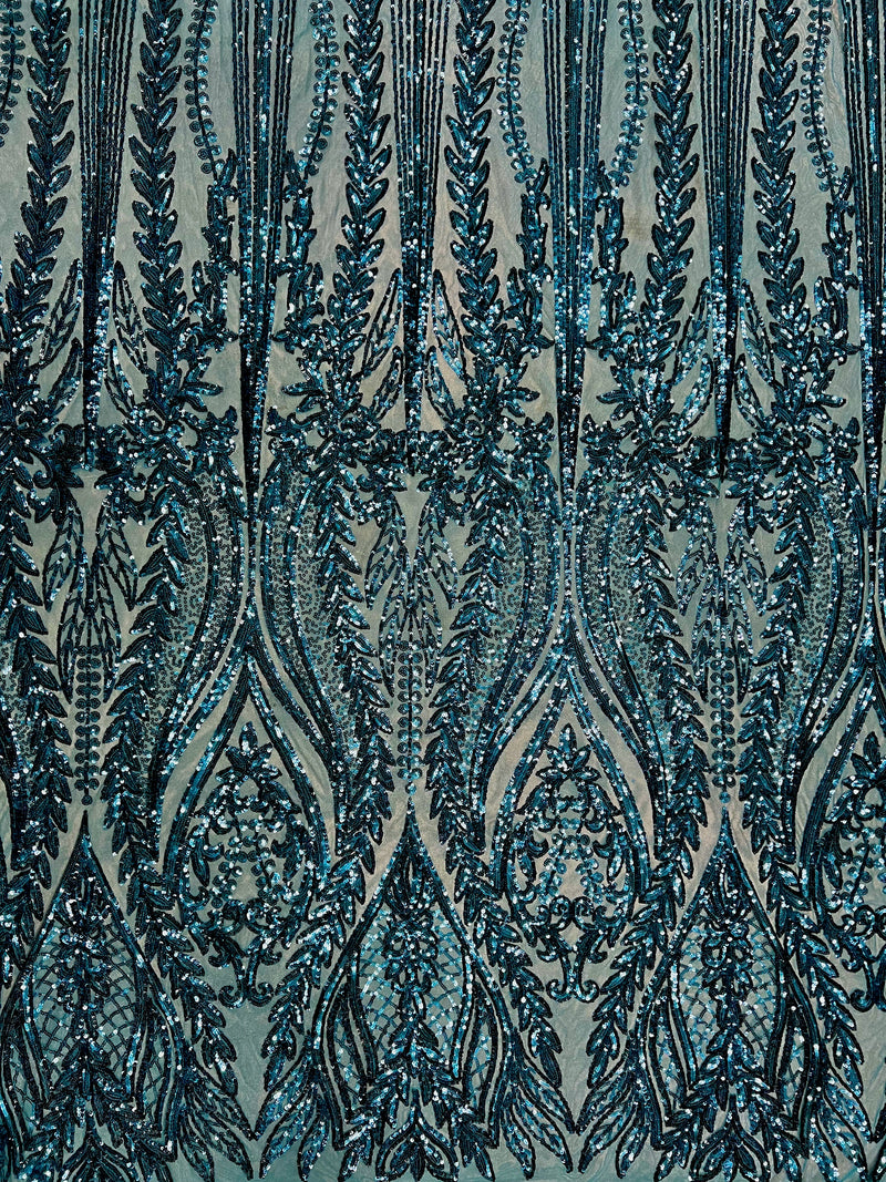 Isabella DARK TURQUOISE Curlicue & Leaves Sequins on Mesh Lace Fabric by the Yard