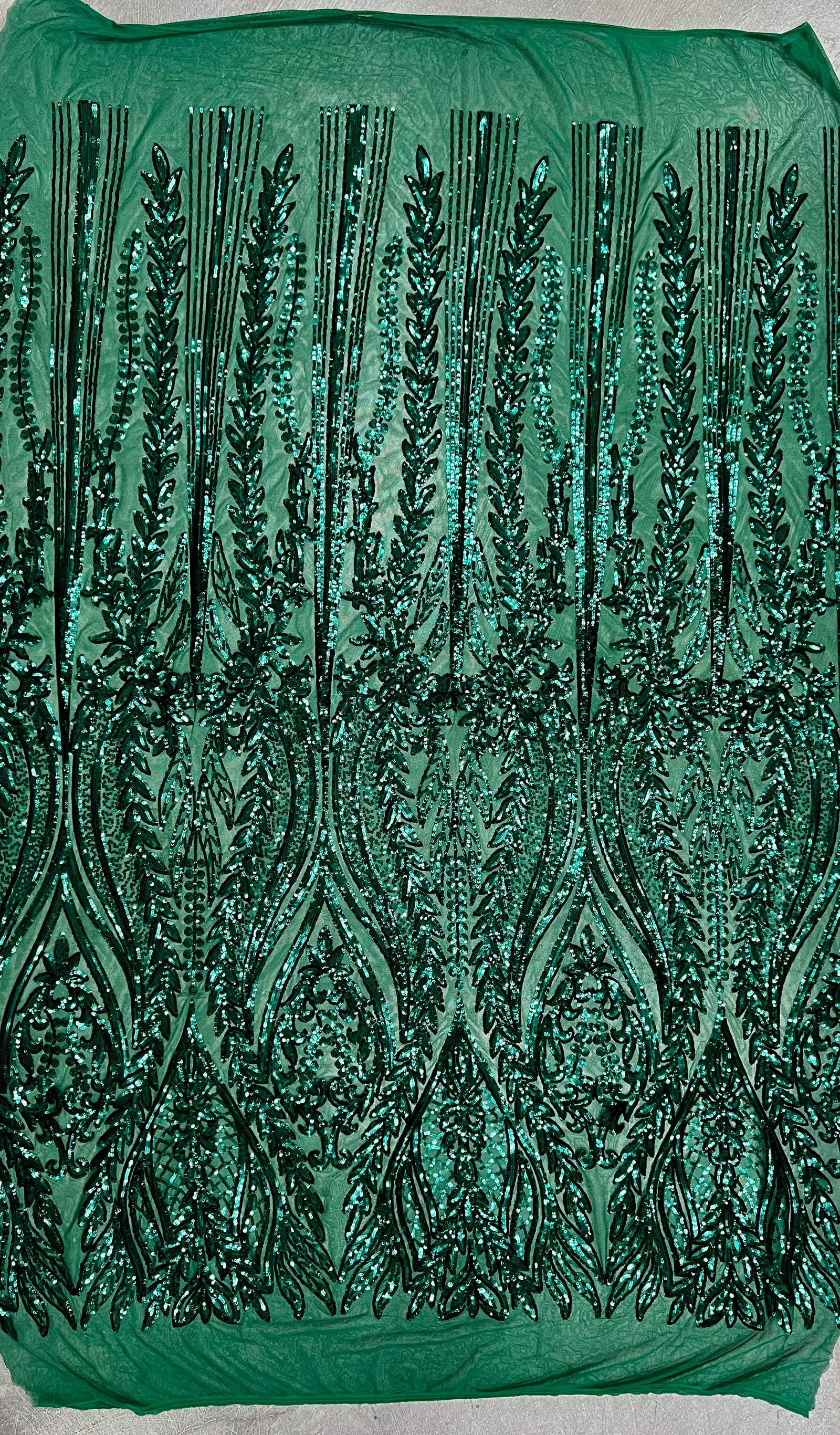 Isabella EMERALD GREEN Curlicue & Leaves Sequins on Mesh Lace Fabric by the Yard