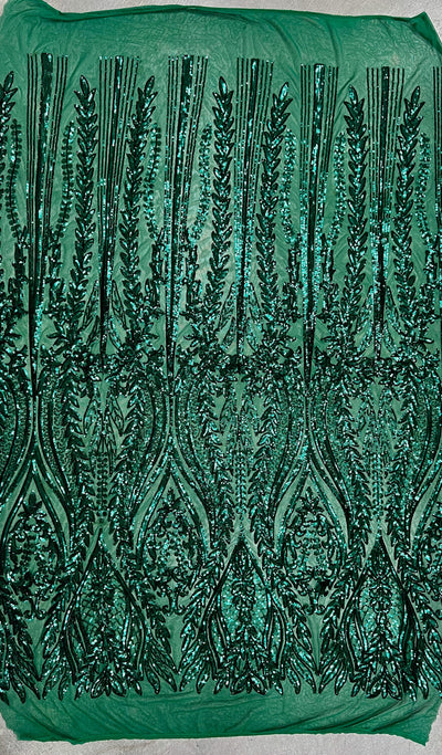 Isabella EMERALD GREEN Curlicue & Leaves Sequins on Mesh Lace Fabric by the Yard