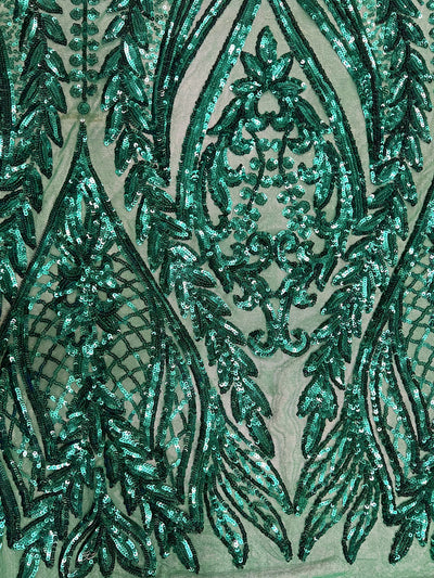 Isabella EMERALD GREEN Curlicue & Leaves Sequins on Mesh Lace Fabric by the Yard
