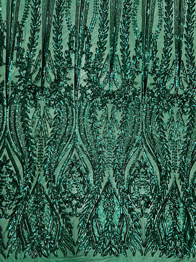 Isabella EMERALD GREEN Curlicue & Leaves Sequins on Mesh Lace Fabric by the Yard