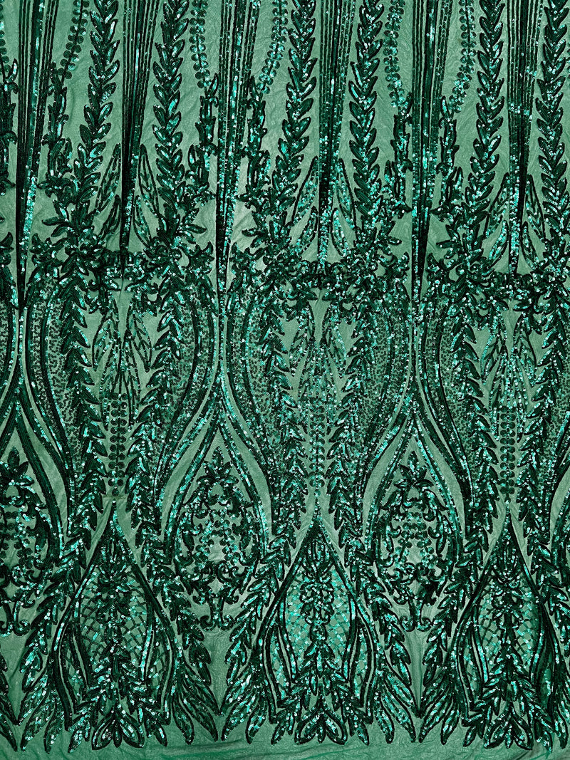 Isabella EMERALD GREEN Curlicue & Leaves Sequins on Mesh Lace Fabric by the Yard