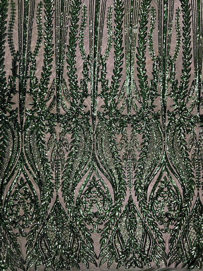 Isabella HUNTER GREEN Curlicue & Leaves Sequins on Mesh Lace Fabric by the Yard