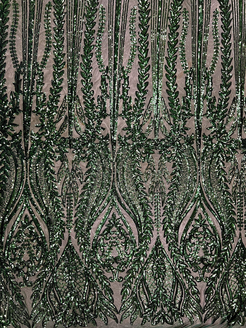 Isabella HUNTER GREEN Curlicue & Leaves Sequins on Mesh Lace Fabric by the Yard